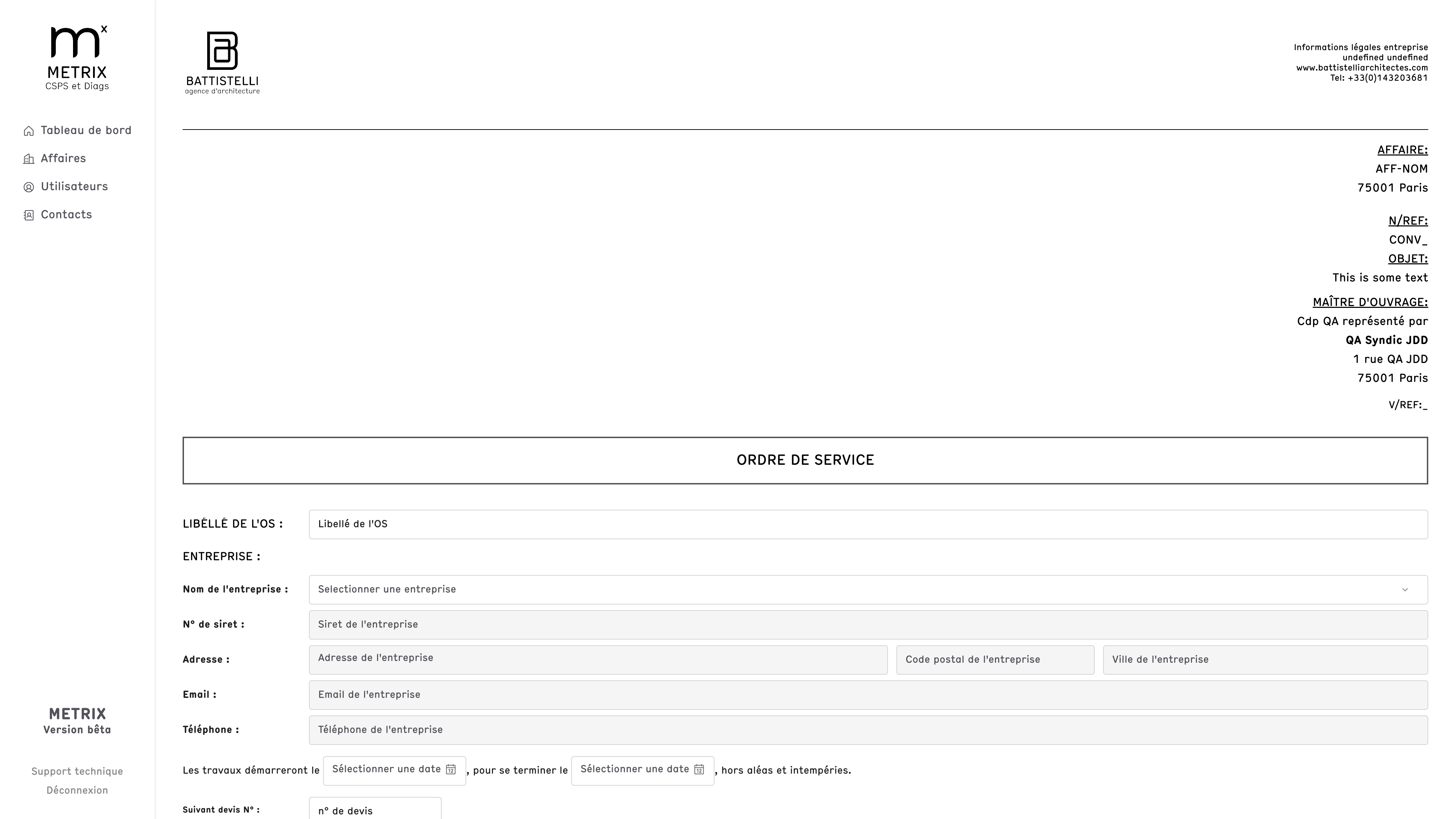 Création d’un ordre de service